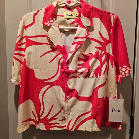 DUVIN - TROUBLE IN PARADISE CROP BUTTON UP SHIRT - RED - SMALL - NEW WITH TAGS - Picture 1 of 6